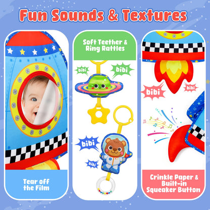 Dr.Rapeti Double-Sided Car Seat Toy, Rear Facing Car Seat Toy, Travel Activity Set, Easier Drive for Newborn, Adjustable Activity Arch with Baby Mirror, Teether, Ring Rattles