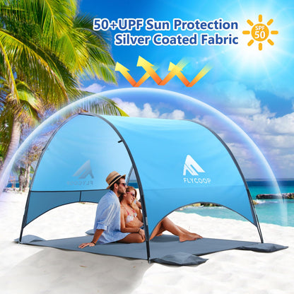 Flycoop 2026 Upgraded Beach Umbrella Canopy with UPF 50+ UV Protection – Portable Beach Tent for Sun, 360° Ventilation, 4 Sandbags, Dual Pockets, Stakes & Ropes, 90.5*59*53 inch for 3 People