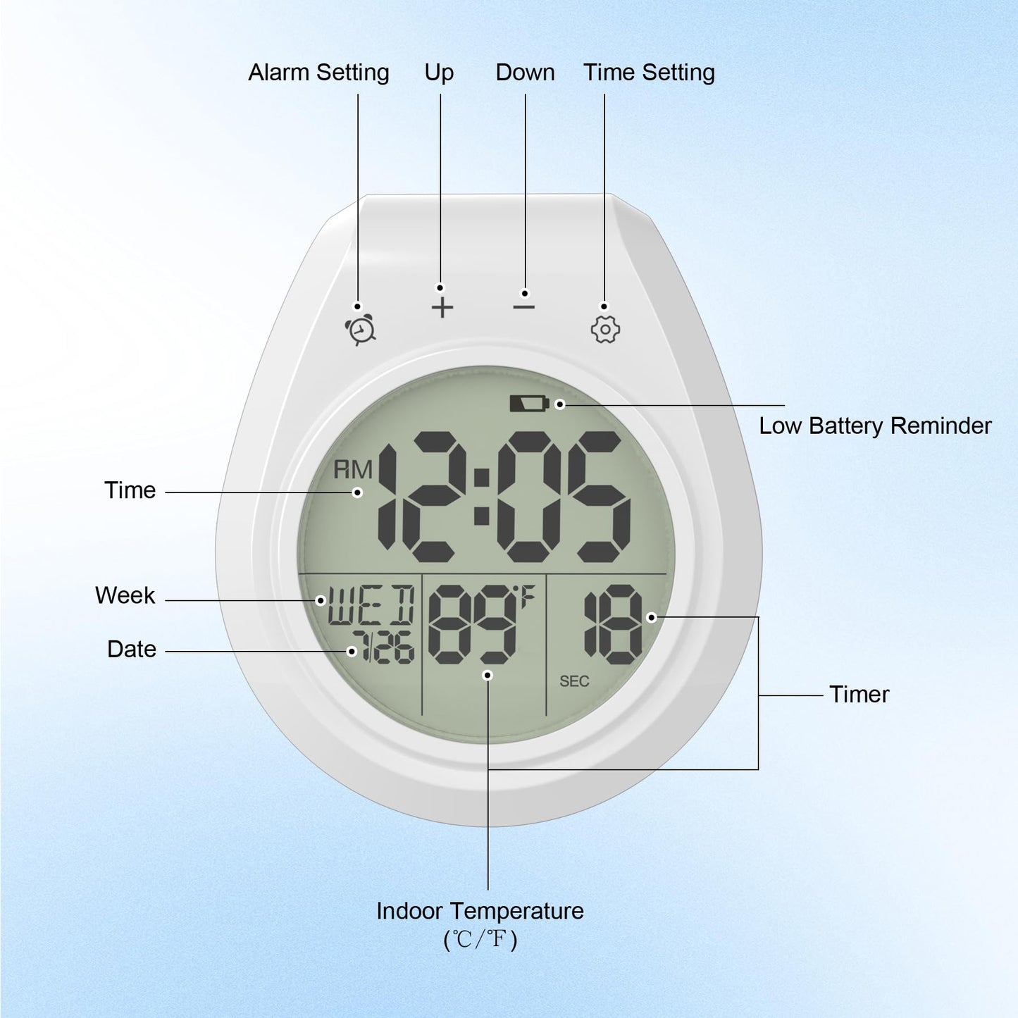 Yariaii Shower Clock with Timer Waterproof, Digital Bathroom Clock with Countdown, Temperature, Date, Week, Second, Suction Cup, Wall Hanging, for Mirror, Pool, Bath, Kitchen, Battery Operated, White