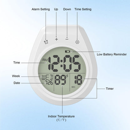 Yariaii Shower Clock with Timer Waterproof, Digital Bathroom Clock with Countdown, Temperature, Date, Week, Second, Suction Cup, Wall Hanging, for Mirror, Pool, Bath, Kitchen, Battery Operated, White