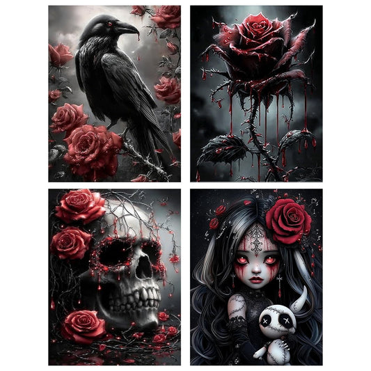 Aestalrcus 4 Pack Gothic Diamond Art Kits for Adults, Rose Crow Skull Diamond Painting Kits for Adults, 5D Full Drill Gem Art and Crafts for Gift Home Wall Decor 12x16 Inch
