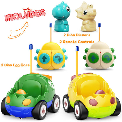 Kidz do 2 Pack Dinosaur Remote Control Cars for Toddlers 2 3 4 5 Years Old - Easter Birthday Gift Ideas for Boys Ages 2-5, Kids Dino Toys RC Vehicle with Lights and Music for Family Fun(Yellow Green)