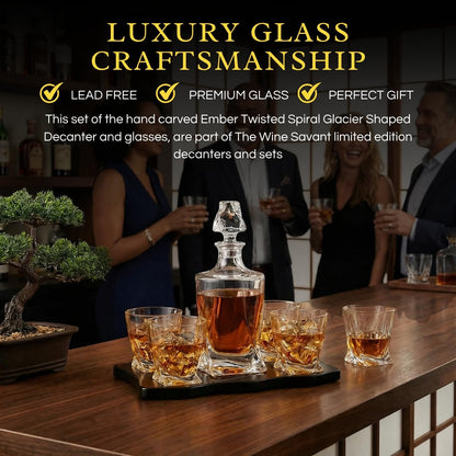 Ember Japanese Crystal Whisky Decanter Set with 4 Tumbler Glasses, Lead-Free Liquor Carafe & 10oz Rocks Glasses - Scotch Bourbon, Spirits & Wood Base Elegant Barware Gift for Men, Japan Design Gifts