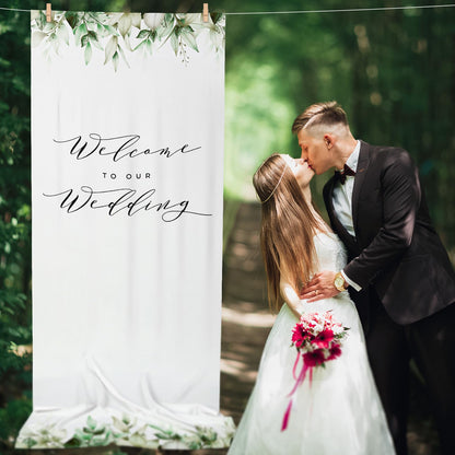 HunnmingRe 29 x 78 Inch Welcome to Our Wedding Sign with 2 Clips Greenery Welcome Arch Reception Backdrop Rustic Linen Fabric Wedding Sign Banner for Ceremony Bridal Engagement Party Supplies Decor