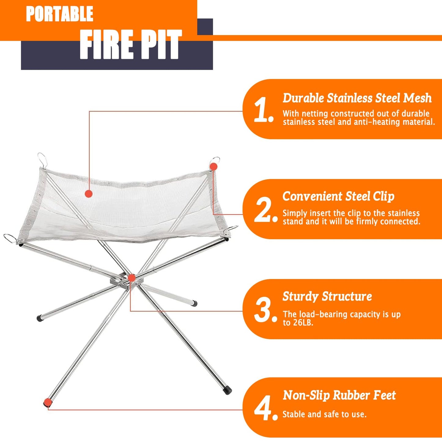 22 inch Portable Outdoor Fire Pit for Camping Upgrade Foldable Stainless Steel Mesh Fire Pits for Outside Wood Burning Collapsible Fireplace for Patio,Camping,Bonfire,Backyard,Garden,BBQ