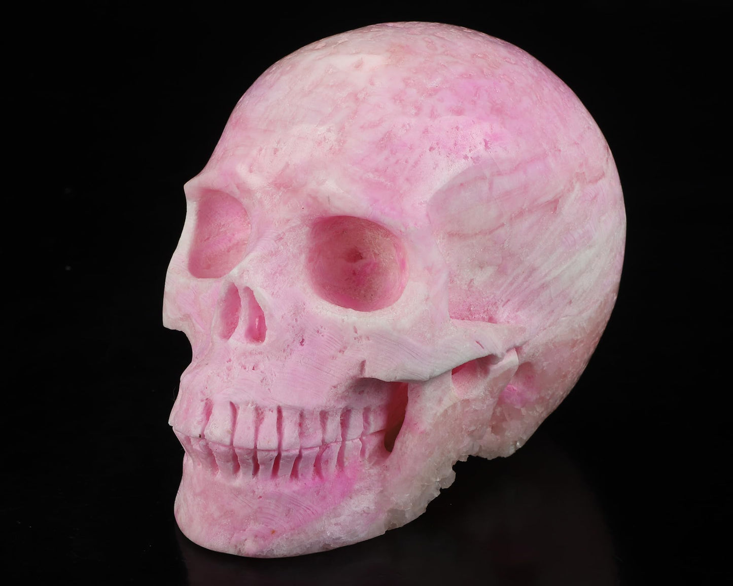 Skullis 5.0" Pink Aragonite Realistic Crystal Skull, Hand Carved Gemstone Fine Art Sculpture, Reiki Healing Stone Statue.3252.