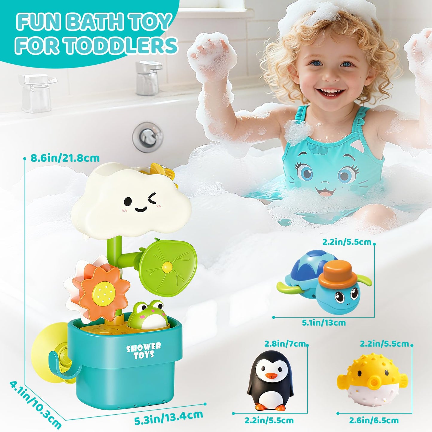 Sitodier Bath Toys for Toddlers 1-3,Baby Waterwheel Bathtub Toy with Suction Cup,Kids Bath Tub Shower Playset,Infant Bathtime Fun Xmas Birthday Gift for 12-18 Months 1 2 3 4 Years Old Baby Girls Boys