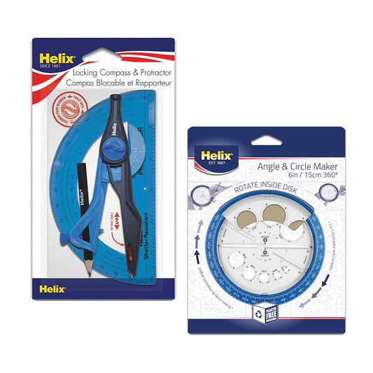Helix Geometry Tool Set – Locking Compass, Protractor, and 360° Angle & Circle Maker with Integrated Templates – Precision Drawing & Measuring Kit for Students and Professionals