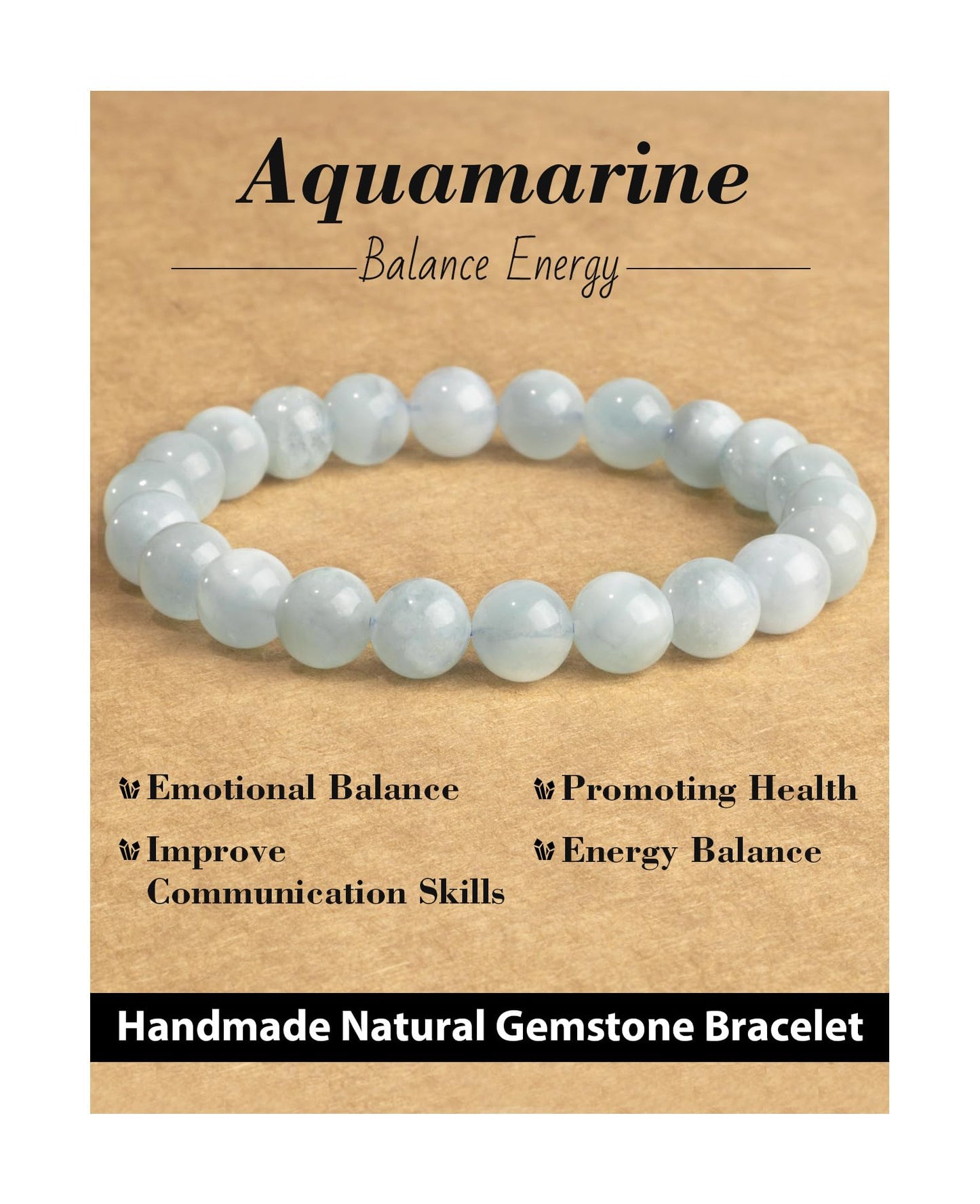 Landorilo Beaded Bracelet for Men Women, 8mm Natural Stone Aquamarine Healing Crystal Stretch Bracelets, Ideal Christmas Birthday Jewelry Gifts with Energy Card，Replacement Beads Included