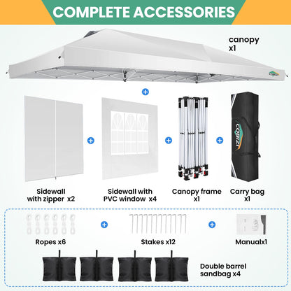 COBIZI 10x20 Pop Up Canopy Tent, One Push Easy Up Gazebo with 6 Removable Sidewalls & Air Vent, Waterproof UV50+ Commercial Canopy with 4 Sandbags, Stakes & Ropes for Parties/Camping/Backyard,White