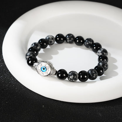 Men's Evil Eye Bracelet, 10mm Beaded Bracelet with Natural Gemstones, Adjustable Elastic Design, Gift for Anniversary, Christmas and Thanksgiving, Silver Obsidian/Tiger Eye/Hematite/Snowflake Obsidian/Black Agate