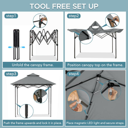 SUNJOY 8 x 5 ft. Grill Gazebo Pop Up Double Tiered Outdoor Gazebo Standing-Height Canopy with Magnetic LED Light, Adjustable Ceiling Height, for BBQ,Picnics, Outdoor Events, Gray