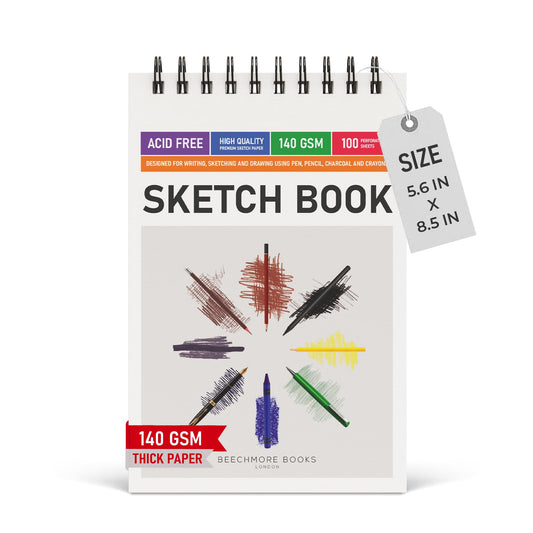 BEECHMORE BOOKS 5.6"x8.5" Spiral Sketchbook – 140 GSM Acid-Free Paper, 100 Perforated Pages, A5 Art Sketch Pad for Drawing & Sketching, Artists, Adults