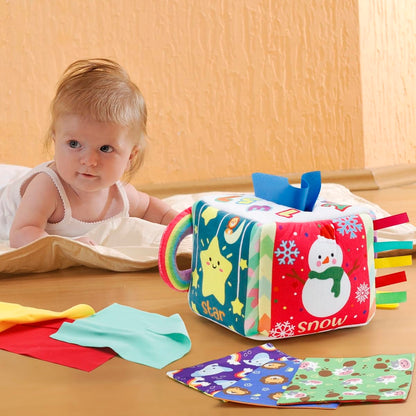 Vamotto Tissue Box Toy for Baby, Montessori Sensory Pull Toy with 12 Durable Cloth Scarves & Crinkle Paper for 6-12 Months Infants, Early Learning Educational Motor Skills Development Gift