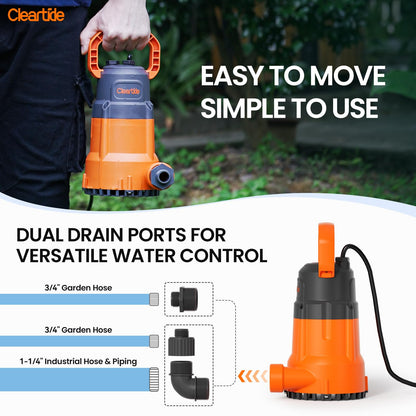Cleartide Submersible Sump Pump, 1/2 HP Utility Water Pump for Pool Draining, Hot Tub, Basement, Electric Drain Pump Handles 3/8" Solids, 10 FT Cord