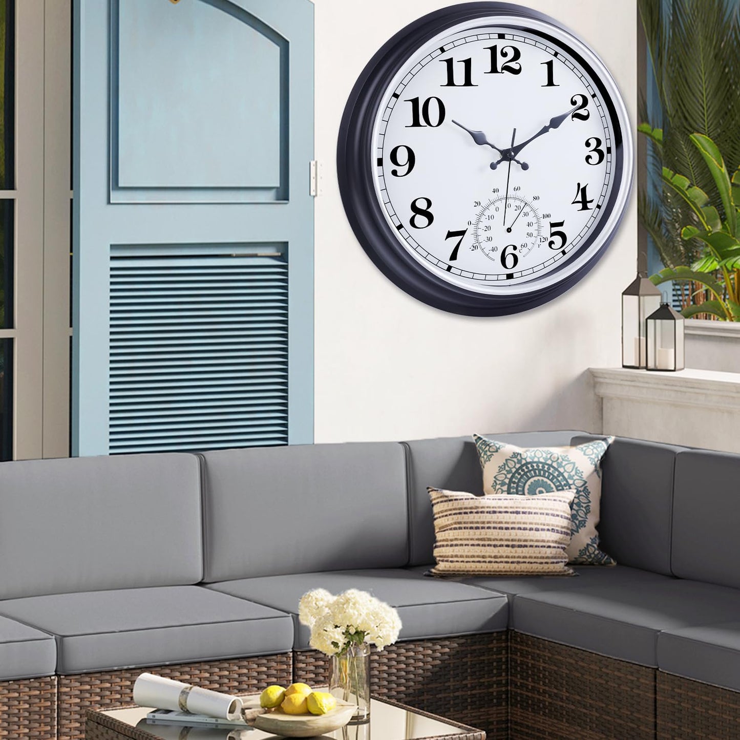 16 Inch Large Outdoor Clock, Retro Waterproof Indoor/Outdoor Clock Non-Ticking Clock with Thermometer, Battery Operated Wall Clock for Patio, Garden, Pool - Black