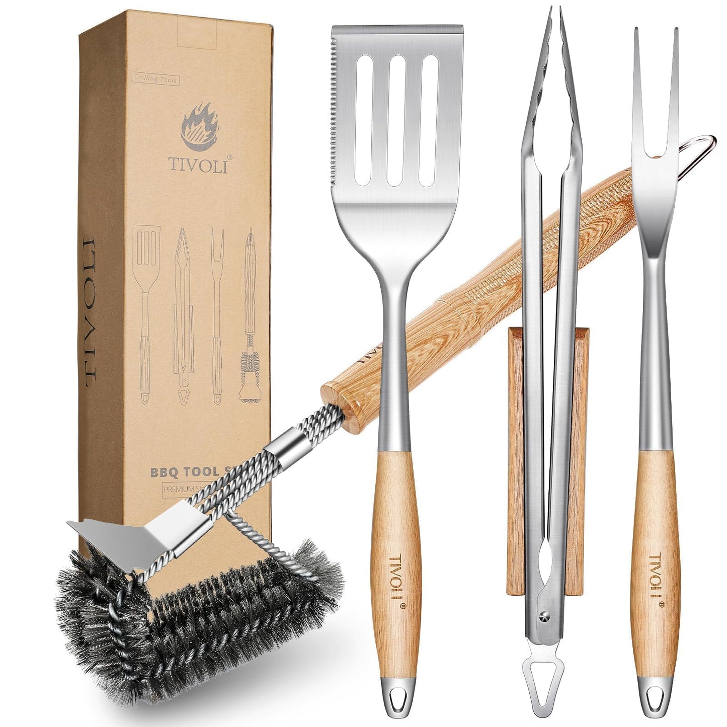 TIVOLI 4PCS Grilling Accessories, Heavy Duty BBQ Tool Set with Stainless Steel Spatula, Tongs, Fork, Cleaning Brush, Wood Handles Barbecue Utensils Kit for Outdoor, Perfect Grill Gifts for Dad Men