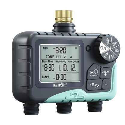 RAINPOINT 3 Zone Sprinkler Timer with Brass Inlet, Water Timer for Garden Hose,Rain Delay/Manual/Automatic Watering System, Hose,Hose Timers for Watering with IP65 Waterproof, Large LCD for Yard