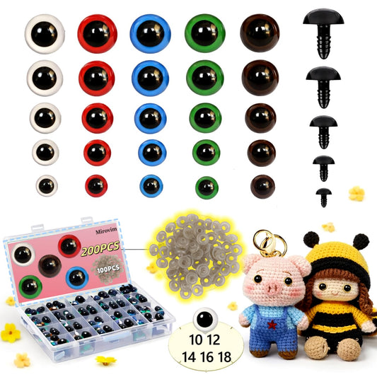 Mirovim 200pcs Safety Eyes for Amigurumi with Washers Colorful Plastic Eyes in 5 Sizes (10/12/14/16/18mm) Colorful Plastic Safety Eyes for Crochet Decorations Stuffed Animals Crafting