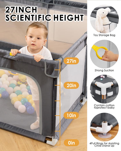 50" x 50" Extra Large Baby Playpen for Babies and Toddlers, Safe with Soft Play Fence, Indoor Safety Yard, Easy to Assemble and Clean (Gray)