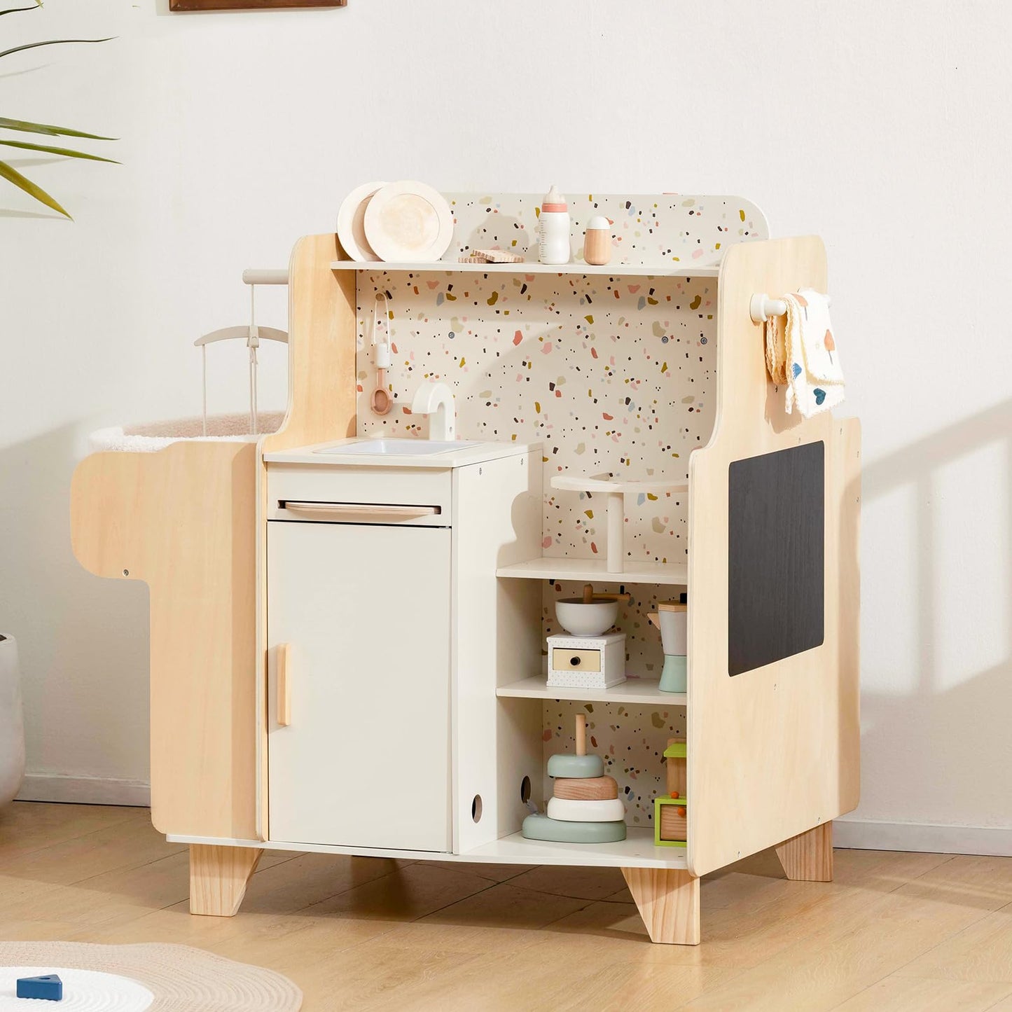 Wooden Baby Doll Crib, 4-in-1 Wooden Baby Care Playset with Cradle, Montessori Role Play Toy for Kids Ages 3-9，Kitchen Playset & Play Kitchen Toy Set, Gift for Boys & Girls