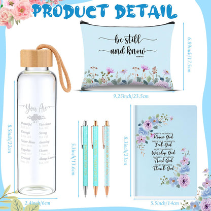 Resholder 6 Pcs Christian Gifts Set for Women Glass Bottle, Makeup Bag, Ballpoint Pens, Religious Scripture Notebook Inspirational Gifts for Sunday School Church(Blue)