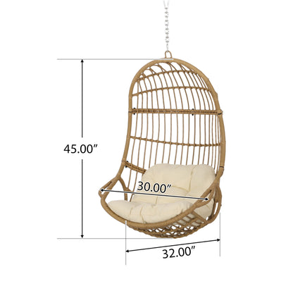 Christopher Knight Home Mariah Wicker Hanging Chair with Cushion, Outdoor Indoor Basket Chair, Boho Garden Lounger Porch Swing Furniture, Modern Patio Decor, Light Brown and Beige