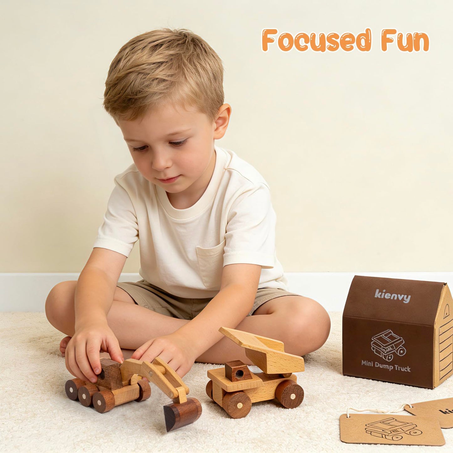 kienvy Wooden Toy Cars for 3 Year Old Boys & Girls - Construction Vehicles Set Push Toys for Toddlers, Wood Montessori Car with Rolling Wheels, Natural Wood Toys (Excavator & Dump Truck)
