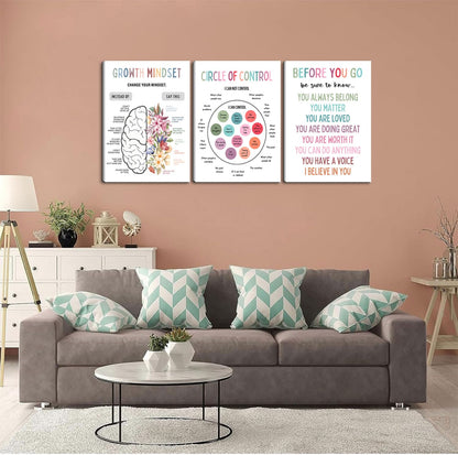 3Pcs Mental Health Wall Art Motivational Wall Decor For Therapy Office,Change Your Mindset Change Your Life Canvas Print Painting Picture for Classroom,Home,Growth Mindset Gift 12x16in Framed