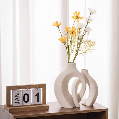 Levvohd Hollow Ceramic Vase Set of 2, Modern Nordic Minimalist Book Style Boho Aesthetic Vases for Home Decor Living Room Shelf Entryway Coffee Centerpiece Table Decorative (Cream White)