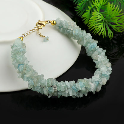 CRYSTALINES Natural Aquamarine Gemstone Twisted Strand Bracelet, Polished Uncut Nuggets Rough Beads, Handmade Boho Jewelry, Healing Crystals, Gold Plated, March Birthstone, Christmas Gift for Women