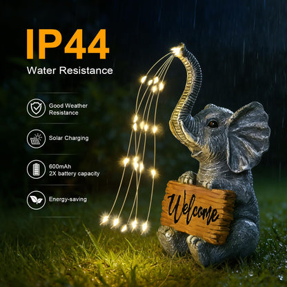 KVR Solar Elephant Statue with Welcome Sign, Outdoor Garden Decor with Warm White Steady-On String Lights, Waterproof Resin Figurine for Front Porch, Patio, Yard, Housewarming Gift