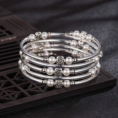 BULINLIN Wrap Bangle Rose Bead Bracelet - Beaded Bracelet with Natural Agate Stone Gifts For Women(01-White pearl)