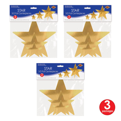 Beistle Gold 3-D Foil Star Centerpieces, 9-Count – Metallic Starry Table Decorations in 3 Sizes for New Year’s Eve, Awards Night, Graduation, Hollywood Party, Anniversary and Celebration Events