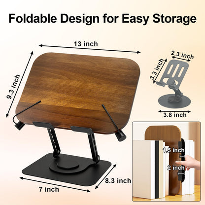 Diesisa Book Stand for Reading: Wooden Book Holder with 360° Rotating Metal Base - Adjustable Book Holder Stand with Elastic Clips for Cookbook, Recipe, Magazine, Laptop,Tablet, for Kitchen, Office