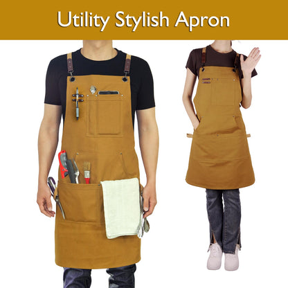 Stenffy Kitchen Apron, Work Apron, Canvas, Multiple Pockets, Gardening, Painting, BBQ, Artist, Carpenter, Sizes M to XXL, Khaki