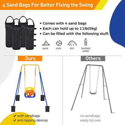 FUNLIO 2 in 1 Swing Set for Toddler & Baby Jumper, Heavy Duty Kids Swing & Bouncer with 4 Sandbags, Foldable Metal Stand for Indoor/Outdoor Play, Easy to Assemble and Store