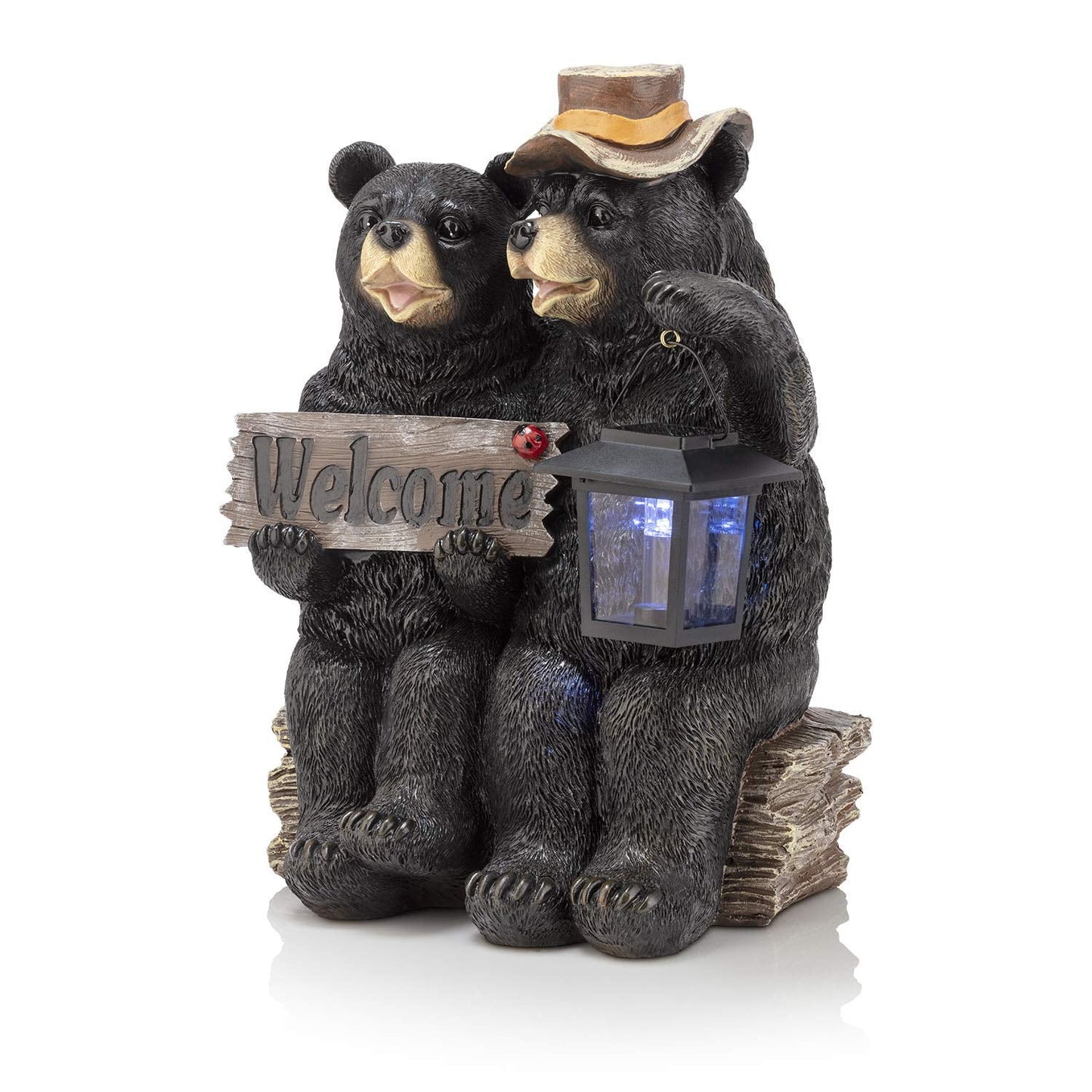 Alpine Corporation 15" H Outdoor Bear Couple with Lantern and Welcome Sign Statue with Solar LED Lights, Black