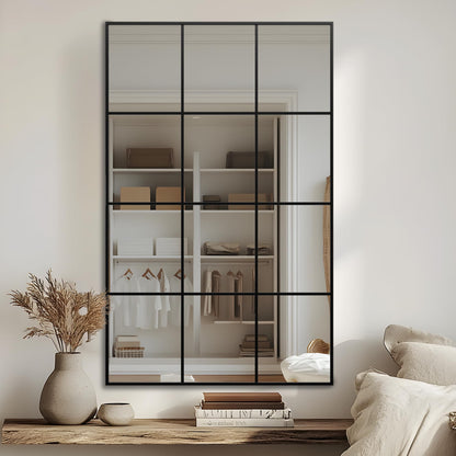 Antok Wall Mirror, 48" x 30" Window Pane Decorative Mirror, Metal Framed Wall Mounted Mirror, Hanging or Leaning for Living Room, Bedroom, Dining Room, Entryway, Black