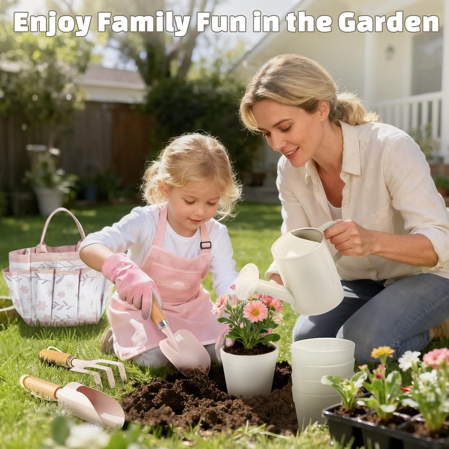 Kids Gardening Set, Gardening Tools Kit for Kids Toddler, Includes Tote Bag, Apron, Gloves, Watering Can, Shovel, Rake, Cultivator, Garden Tool Set Outdoor Toys Gifts for Boys Girls