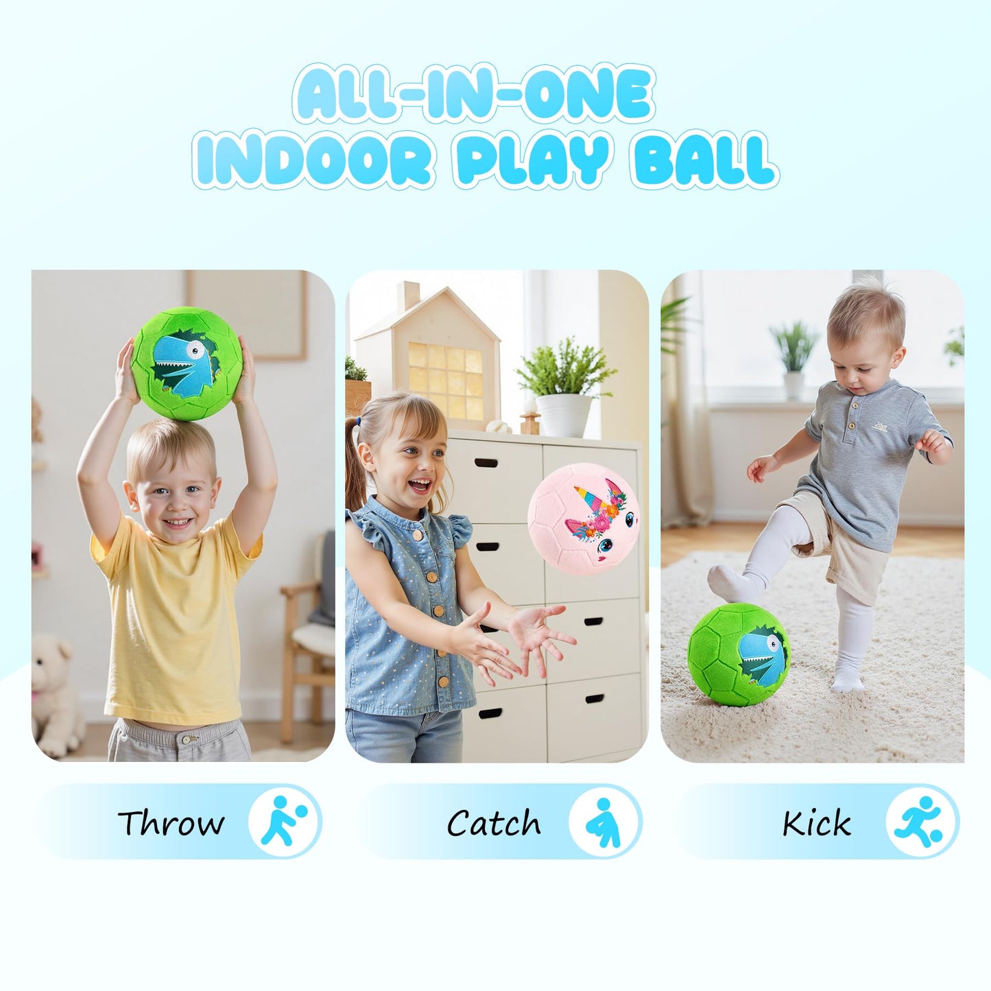 Soft Ball for Toddlers & Babies - Small, Safe & Easy-to-Grip Kickball, Dinosaur & Unicorn Design Soccer Ball - Great First Birthday Gift for Boys & Girls, Plush Indoor Soccer Toy for Ages 1-3 3-8