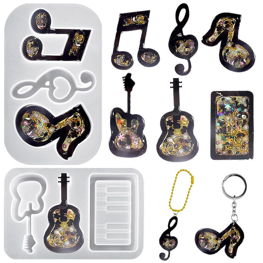Voyyphixa 6PCS Music Notes Resin Shaker Molds Guitars Quicksand Silicone Molds for Epoxy Resin Quicksand UV Resin Mold Shaker Resin Casting Molds for Pendant Jewelry Decoration Craft Making DIY