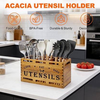 Acacia Wood Extra Large Utensil Holder for Kitchen Counter Rustic Spatula Holder For Counter Top Organizer Kitchen Cooking Utensil Storage Countertop Silverware Caddy Wooden Spoon Kitchen Tools Holder