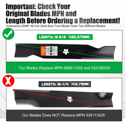 Grasscool 532180054 180054 Mower Blades for Husqvarna 48 inch Deck Zero Turn Riding Mower Z248F YTH2348 YTH24V48 YTH2148 YTH24K48 Z248 YTH2448 Replace 173920(High Lift)