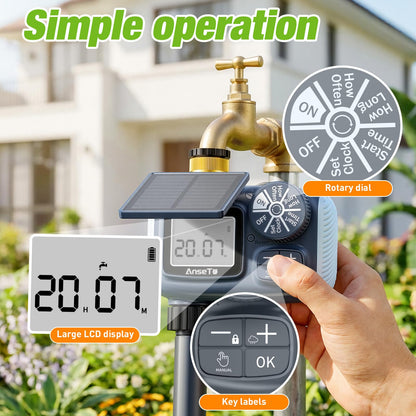 AnseTo Solar Sprinkler Timer, Solar & Type-C Rechargeable Water Timer for Garden Hose, Programmable Faucet System with Rain Delay/Manual/Auto Mode, Digital Irrigation Controller for Lawn/Yard/Pool