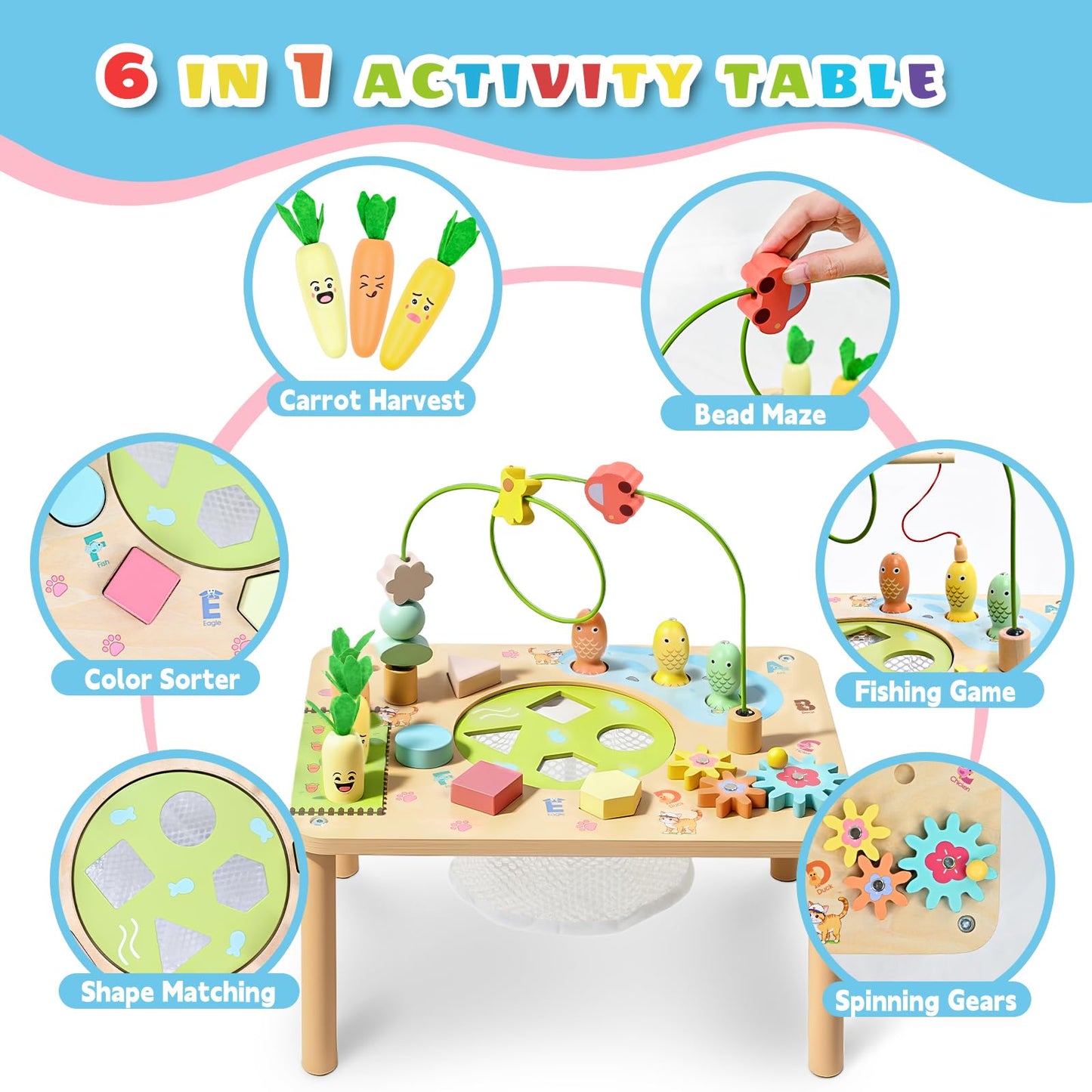 WINGYZ Activity Table, 6 in 1 Wooden Montessori Activity Center with Bead Maze Shape Sorter Fishing Game, Kids Sensory Play Table Toddler Toys 1st Birthday Gifts Boy Girl(Morandi)