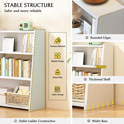 IOTXY Wooden Extendable Shelf Bookcase - 3-Tier Ladder Low Short Bookshelf for Small Space or Corner, Dark Walnut, L