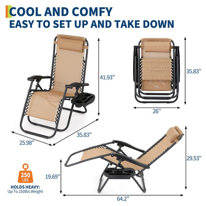 Patio Lounge Chairs Set of 2, Outdoor Recliner with Side Tray & Headrest - Heavy Duty Steel Mesh Folding Chairs, Adjustable Portable Camping Lawn Chairs for Poolside, Beach, Backyard, Deck