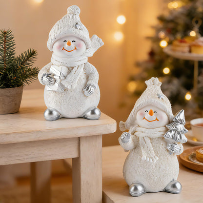 Brizoria Snowman Figurines Set of 2 White Resin Christmas Decorations with Silver Accents Winter Mantel Decor and Holiday Centerpieces for Table Home Indoor Tiered Tray Room Display