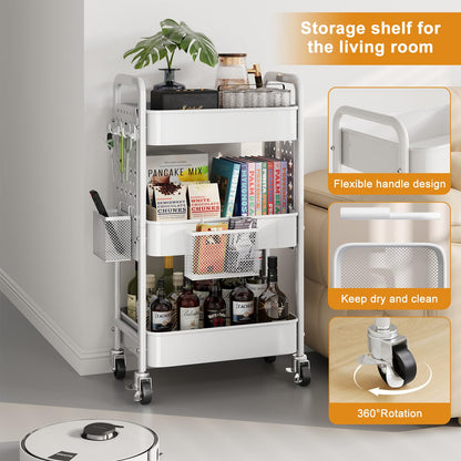3 Tier Rolling Cart Metal with DIY Pegboard, White Utility Cart with Lockable Wheels, Three Tiered Craft Cart Organizer on Wheel, Utility Roller Storage Carts for Art, Baby Diaper Caddy, Snack, Book